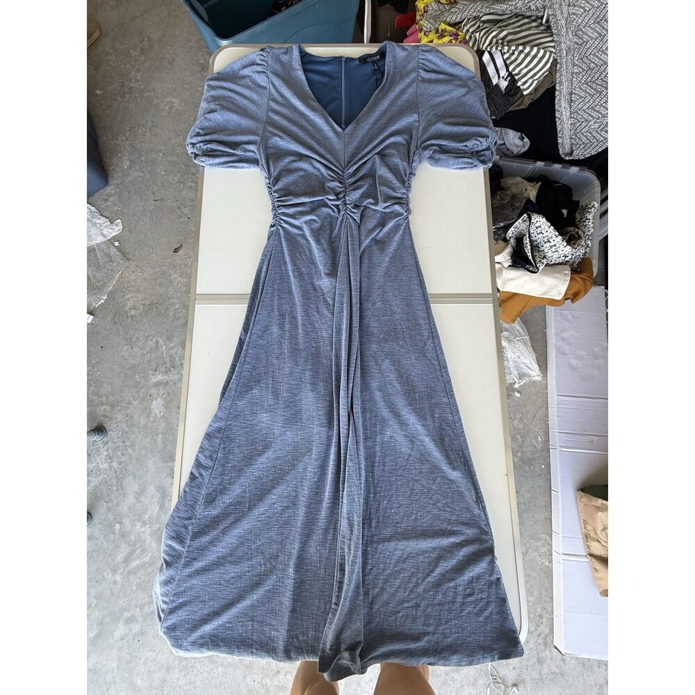 Cooper 19 Blue Ruched V Neck Midi Dress Front Slit Cap Sleeves Size Small
